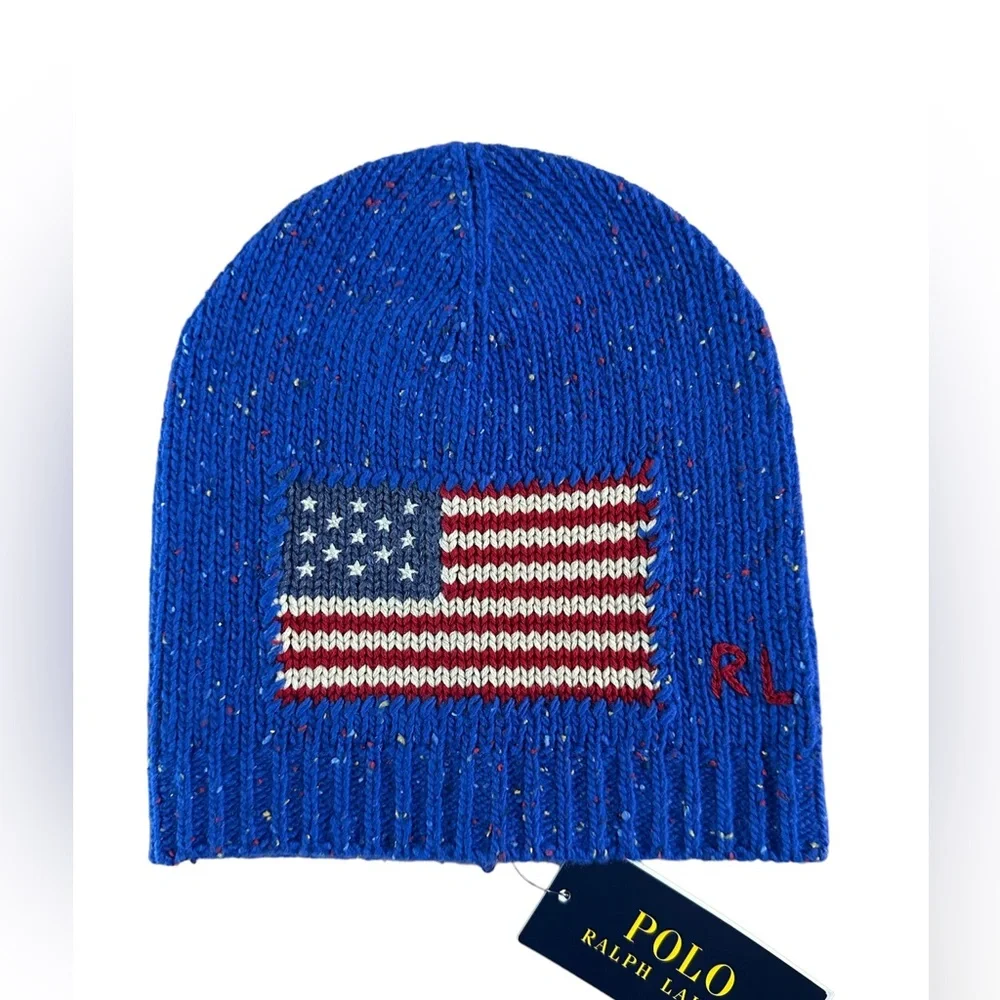 Polo Ralph Lauren Boys or Girls Lambswool Blue Flag Beanie Hat Size 7-16